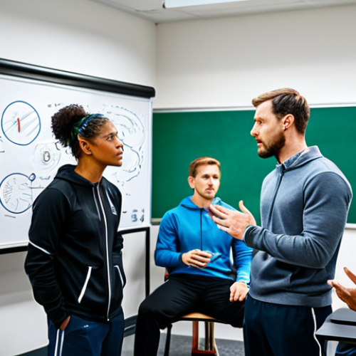 Home 4 A diverse group of professional sports educator students, fully clothed in modest, comfortable athletic wear and smart casual attire, engaged in a collaborative study session in a modern, well-lit university classroom. They are actively discussing and explaining complex biomechanical concepts, gesturing towards a whiteboard with clear diagrams and concept maps. Their poses are natural and engaged, showing focused learning and interconnected knowledge. The atmosphere is professional and collaborative. Safe for work, appropriate content, fully clothed, perfect anatomy, correct proportions, well-formed hands, proper finger count, natural body proportions, professional dress, high-quality, ultra-realistic photography.