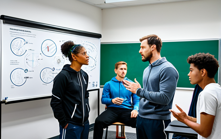 A diverse group of professional sports educator students, fully clothed in modest, comfortable athletic wear and smart casual attire, engaged in a collaborative study session in a modern, well-lit university classroom. They are actively discussing and explaining complex biomechanical concepts, gesturing towards a whiteboard with clear diagrams and concept maps. Their poses are natural and engaged, showing focused learning and interconnected knowledge. The atmosphere is professional and collaborative. Safe for work, appropriate content, fully clothed, perfect anatomy, correct proportions, well-formed hands, proper finger count, natural body proportions, professional dress, high-quality, ultra-realistic photography.