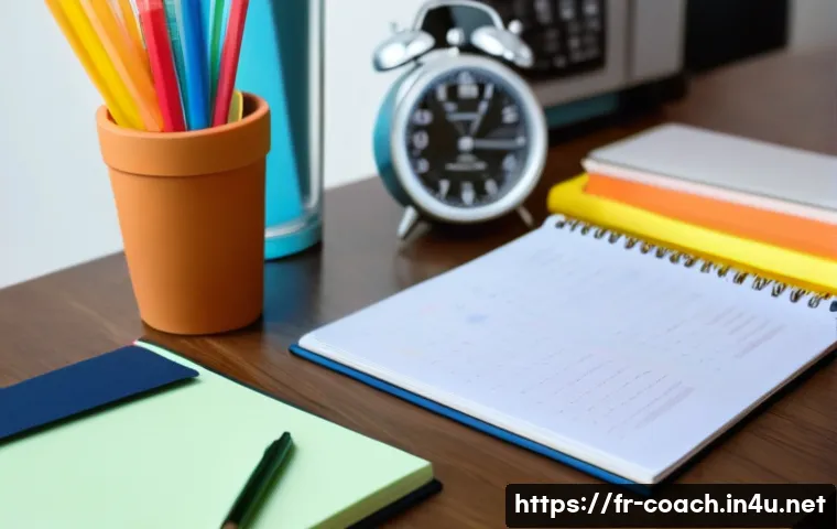 스포츠지도사 시험 전 필수 체크리스트 - A neat study desk scene featuring a young French student preparing for a sports coach exam: a clean,...