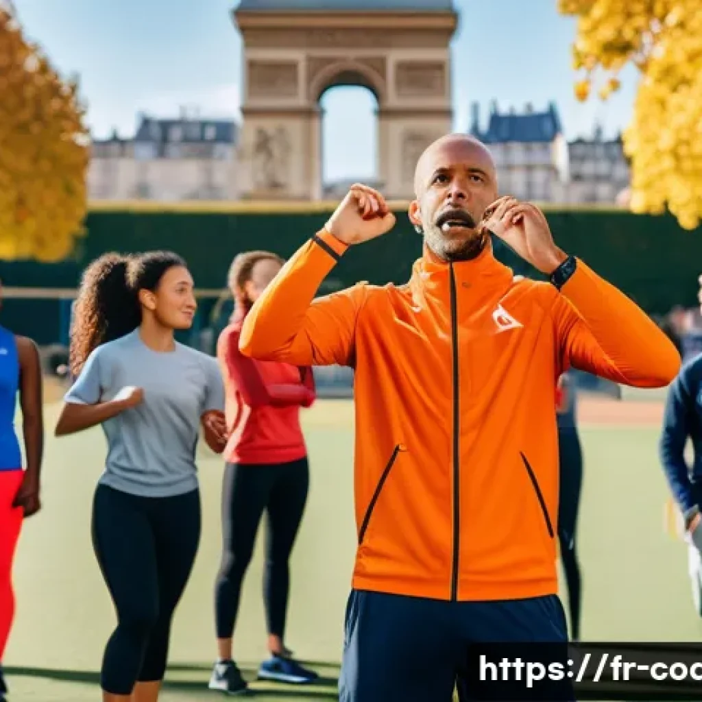 스포츠지도사 자격증 취득 후 경력 쌓는 법 - A professional sports coach leading an outdoor group training session in a local French park, surrou...