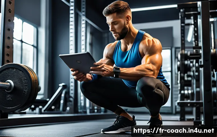 스포츠지도사 시험 최신 출제 경향 - A professional sports coach analyzing an athlete’s squat posture in a modern gym setting, using 3D m...