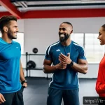 스포츠지도사 주요 이론 정리 - A professional sports coach engaging with a diverse group of athletes in a modern training facility,...