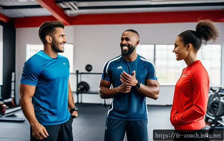 스포츠지도사 주요 이론 정리 - A professional sports coach engaging with a diverse group of athletes in a modern training facility,...