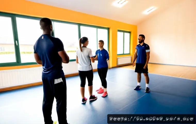 Home 17 스포츠지도사와 관련된 유망 자격증 - Photorealistic French sports coaching career scene, confident adult fitness coach in modest professi...