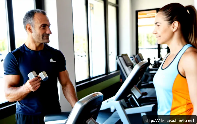 Home 17 스포츠지도사 자격증의 수익성 - Photorealistic French sports coach in a bright modern fitness studio, confidently guiding an adult c...