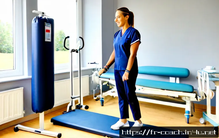 스포츠지도사로 병원 체력관리사 되는 법 - Photorealistic French hospital rehabilitation gym, a qualified fitness professional in modest navy a...