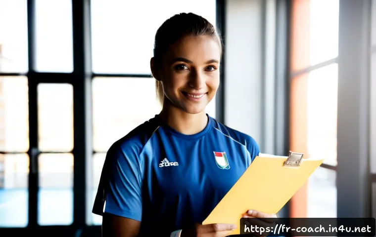 Home 17 스포츠지도사 자격증 취득 성공 후기 - Photorealistic French sports coaching certification success scene, confident young adult fitness coa...